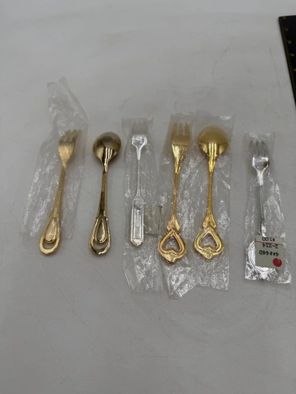 Vintage Gold Silver Mini Forks Spoons Floral Porcelain Handles Set 6